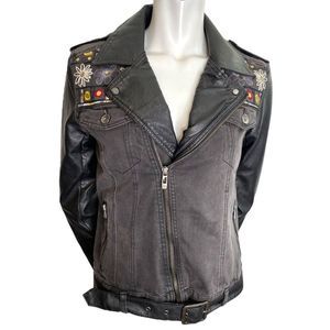 Desigual Black Denim Embroidered Moto Jacket Faux Leather Collar Sleeves 36 US2